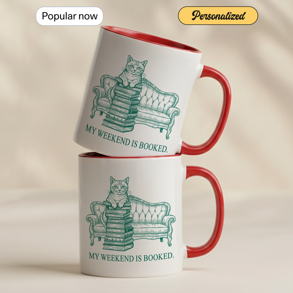My Weekend Is Booked Mug – Cat Reading Coffee Cup – Book Lover Gift – Funny Introvert Mug – 11oz 15oz Ringer Mug |Mug 134