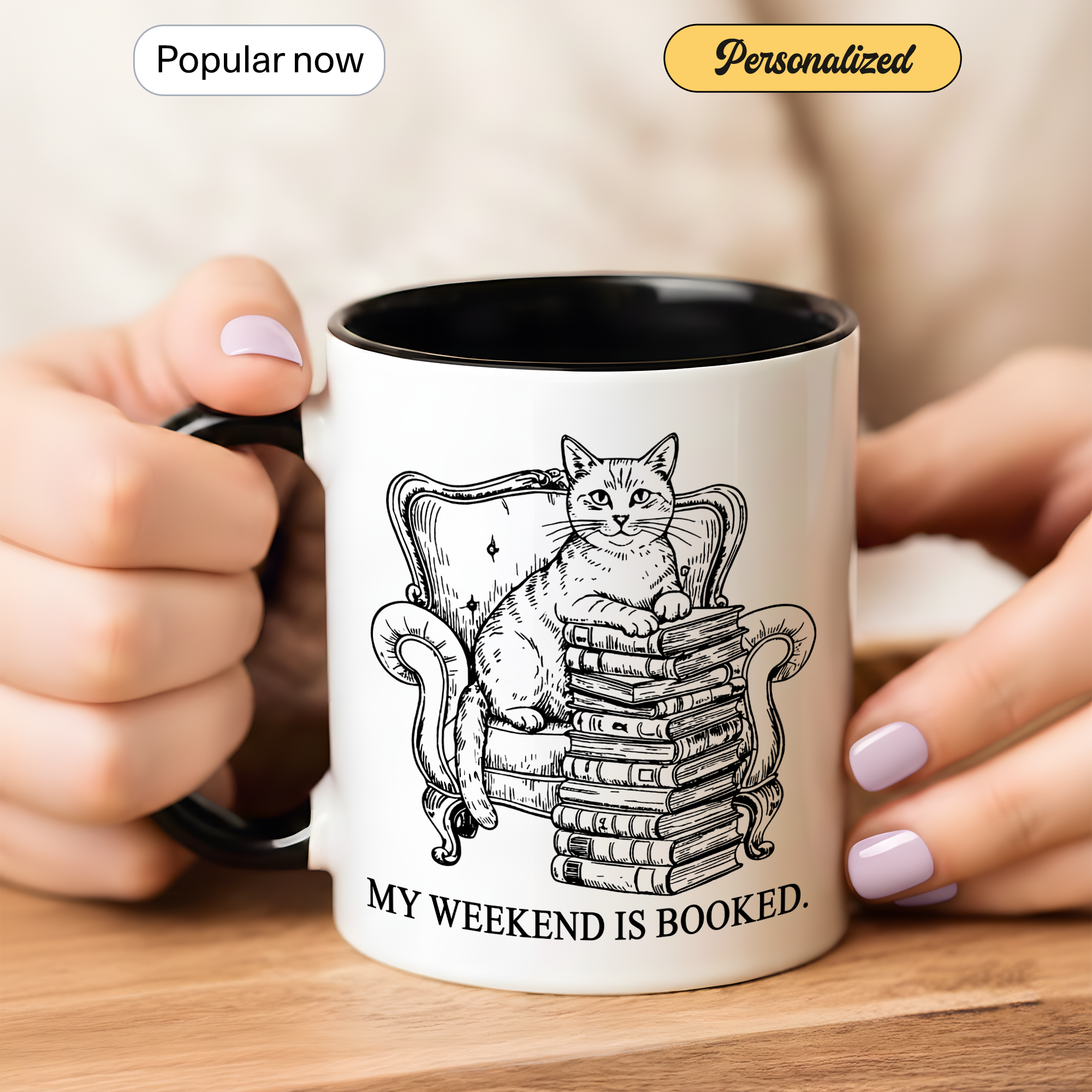 My Weekend Is Booked Mug – Vintage Cat Reading Coffee Cup – Book Lover Gift – Introvert Humor Mug – 11oz 15oz Ringer Mug |Mug  135
