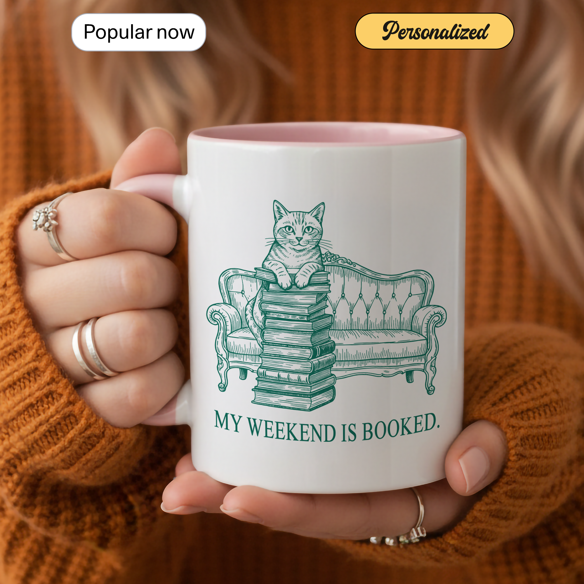 My Weekend Is Booked Mug – Cat Reading Coffee Cup – Book Lover Gift – Funny Introvert Mug – 11oz 15oz Ringer Mug |Mug 134