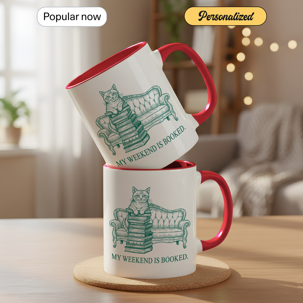 My Weekend Is Booked Mug – Cat Reading Coffee Cup – Book Lover Gift – Funny Introvert Mug – 11oz 15oz Ringer Mug |Mug 134