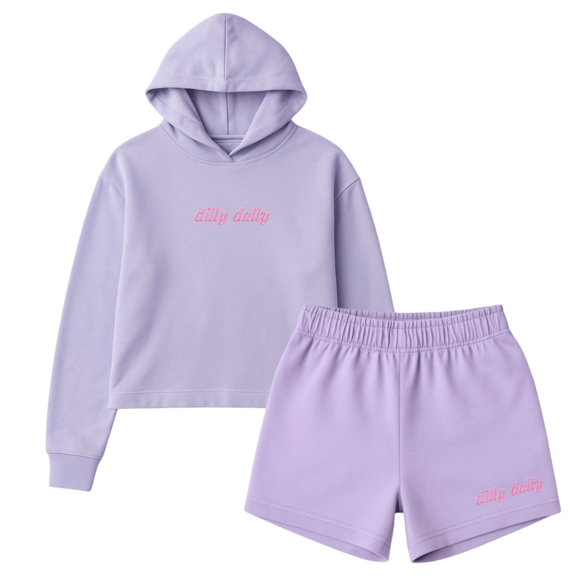 Embroidered 'Dilly Dally' Cloud Hoodie & Shorts Set