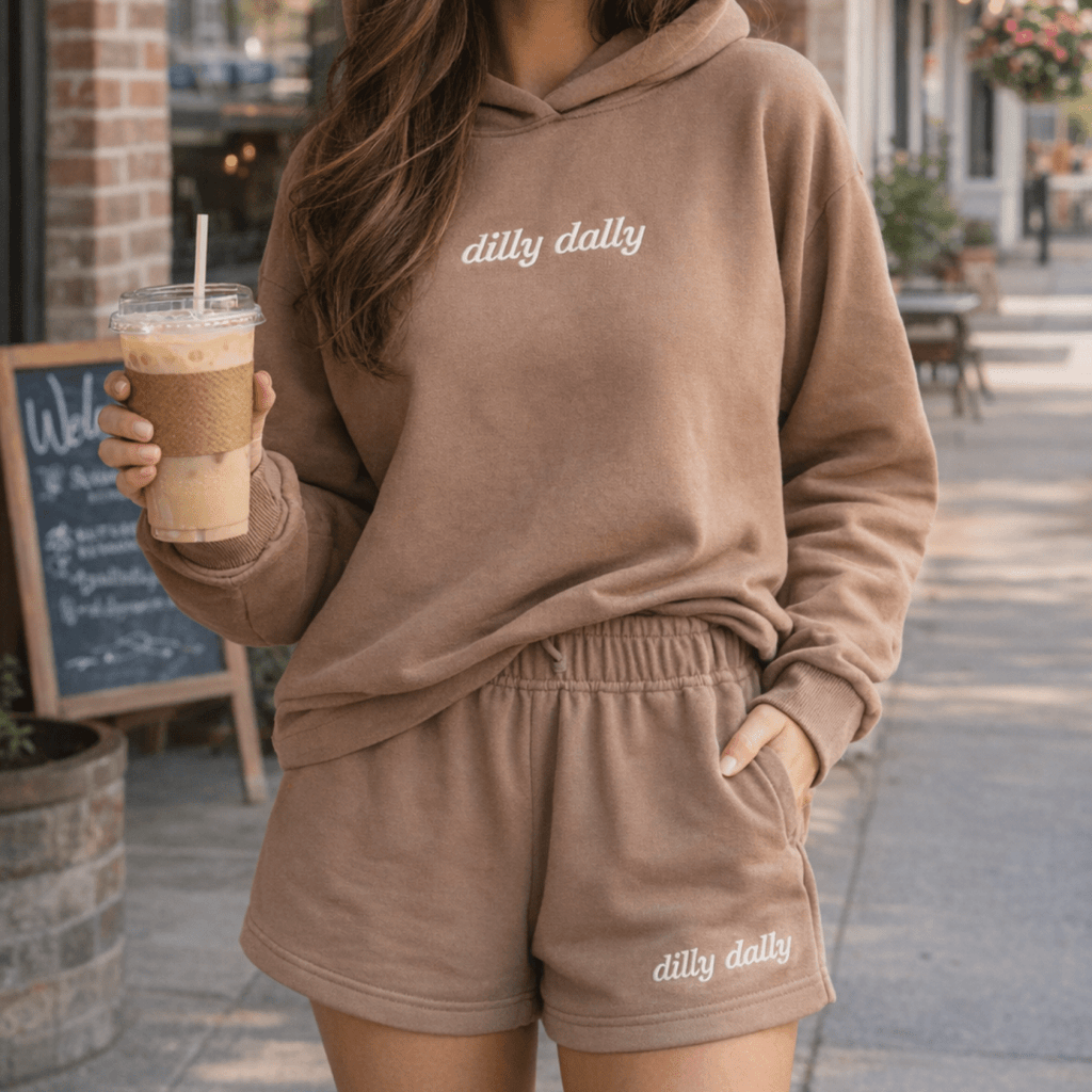 Embroidered 'Dilly Dally' Cloud Hoodie & Shorts Set