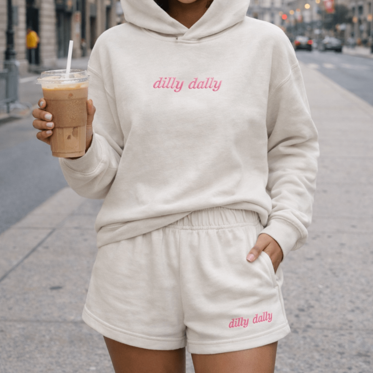 Embroidered 'Dilly Dally' Cloud Hoodie & Shorts Set