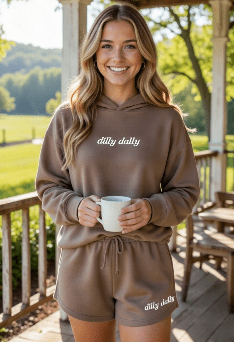 Embroidered 'Dilly Dally' Cloud Hoodie & Shorts Set
