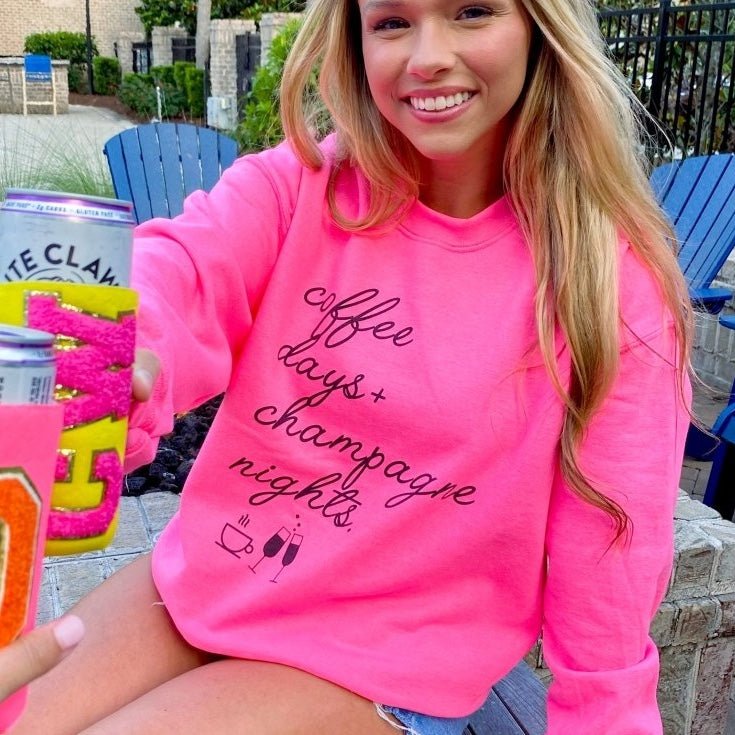 Monogrammed 'Coffee Days + Champagne Nights' Neon Crewneck Sweatshirt