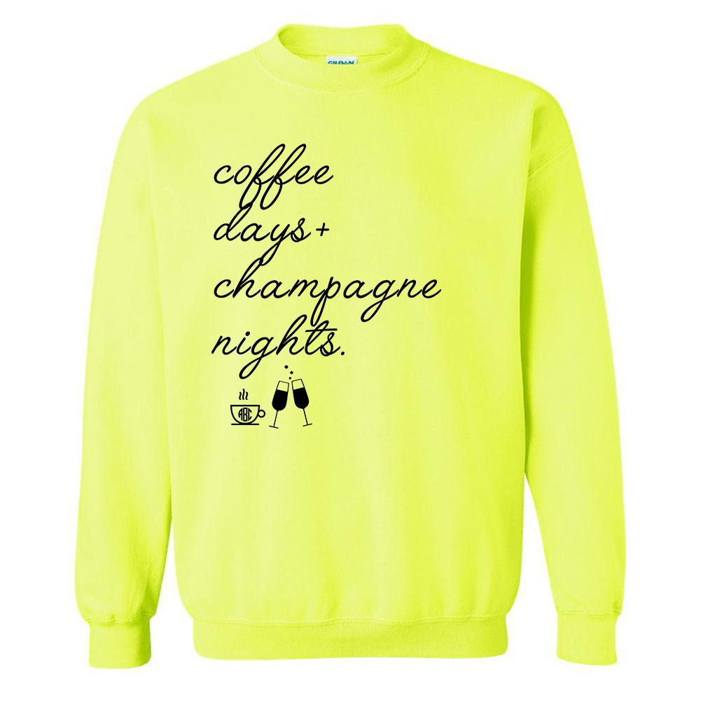 Monogrammed 'Coffee Days + Champagne Nights' Neon Crewneck Sweatshirt