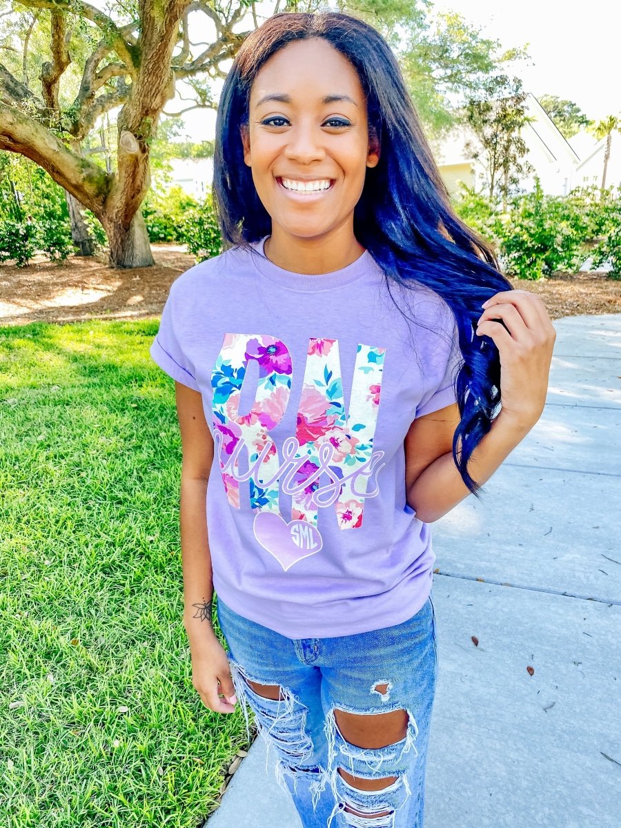 Monogrammed 'Floral RN' Basic T-Shirt