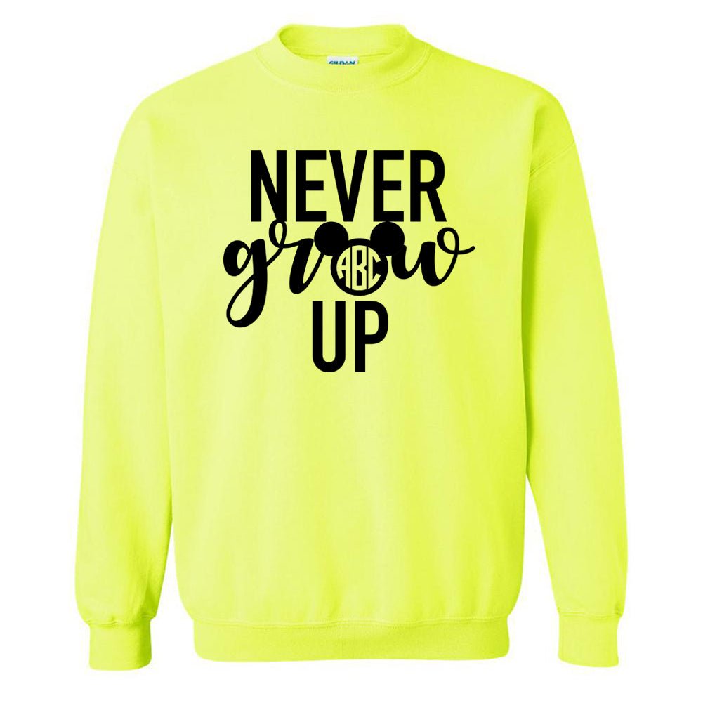Monogrammed 'Never Grow Up' Neon Crewneck Sweatshirt