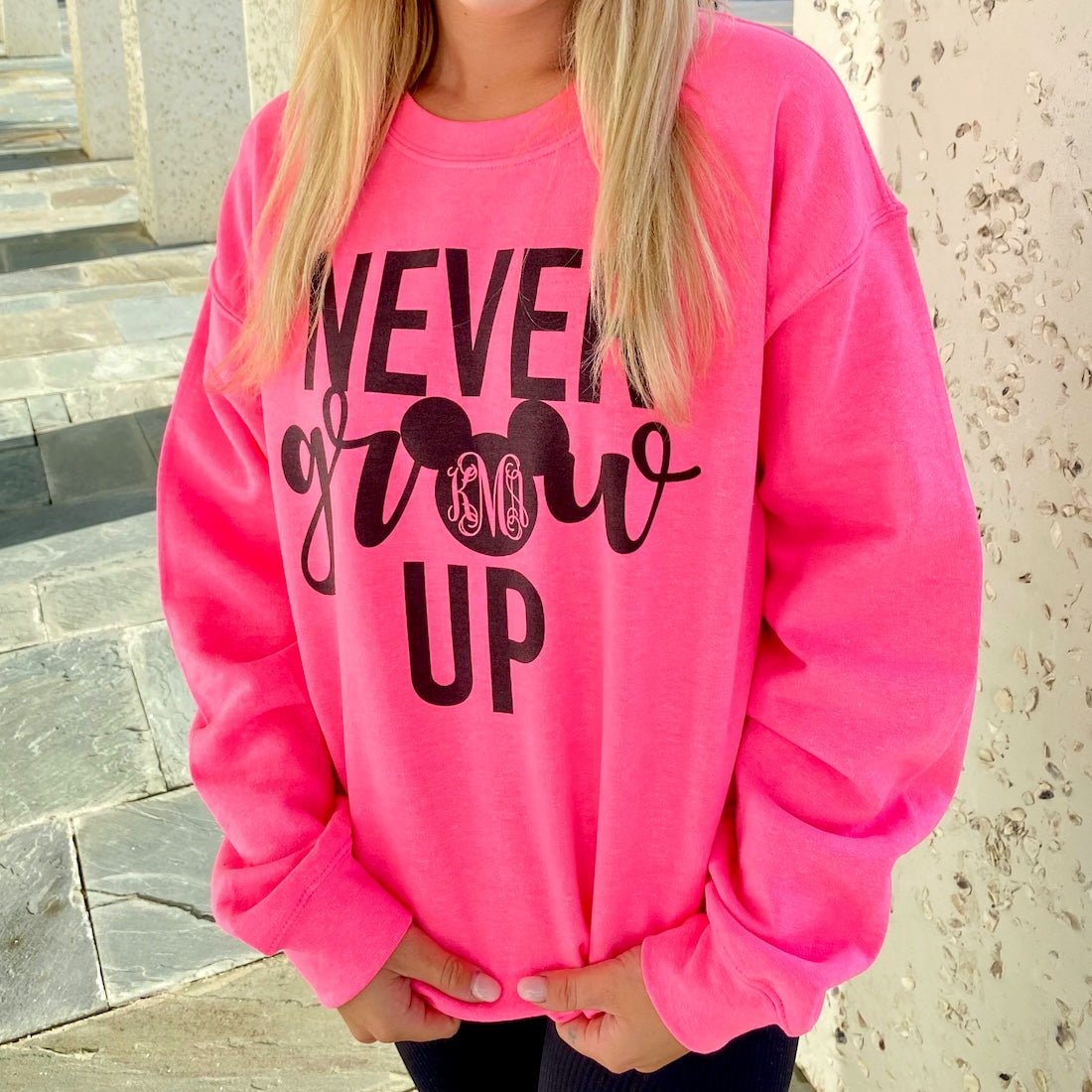 Monogrammed 'Never Grow Up' Neon Crewneck Sweatshirt