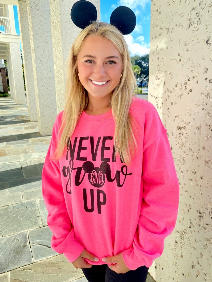 Monogrammed 'Never Grow Up' Neon Crewneck Sweatshirt