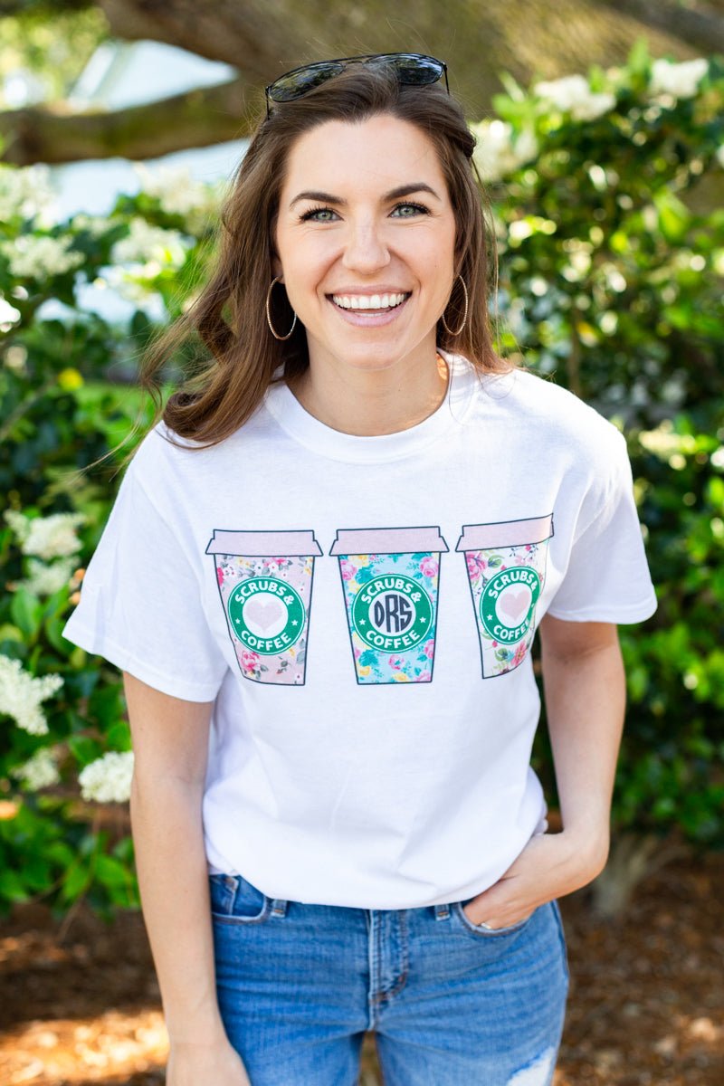 Monogrammed 'Scrubs & Coffee' Basic T-Shirt