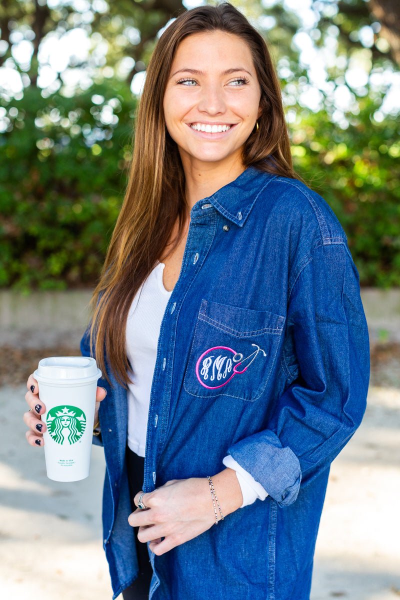Monogrammed Stethoscope Oversized Denim Shirt