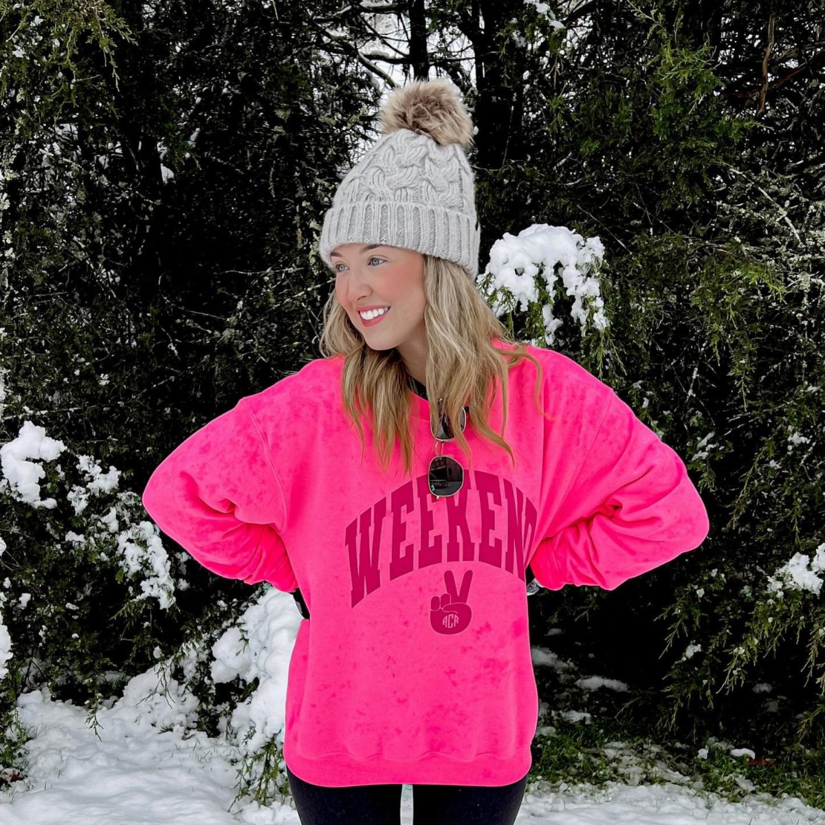 Monogrammed 'Weekend' Neon Crewneck Sweatshirt